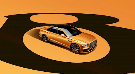 Sleek Bentley car shot on a yellow graphic background in the studio by photographer Wilson Hennessy represented by top London agents Horton-Stephens.