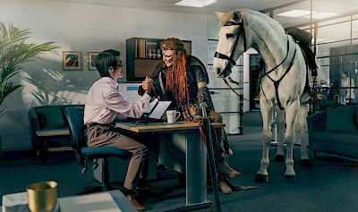 Quickbooks campaign features fictional hero Boudicca at the accountants shot by best london photographer Gary Salter represented by Top agency Horton Stephens