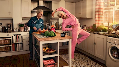 portrait  and lifestyle photographer samuel Mcelwee shoots Angela rippon and Einstein for flexible energy campaign represented by Horton-Stephens